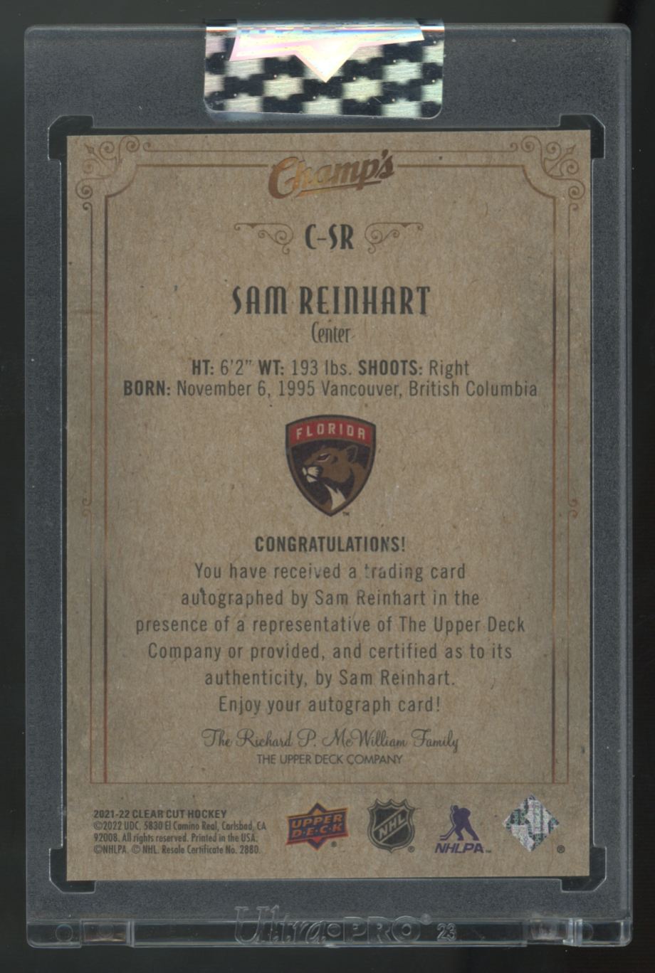 2021-22 Upper Deck Clear Cut Sam Reinhart Champ's Auto /25 #C-SR