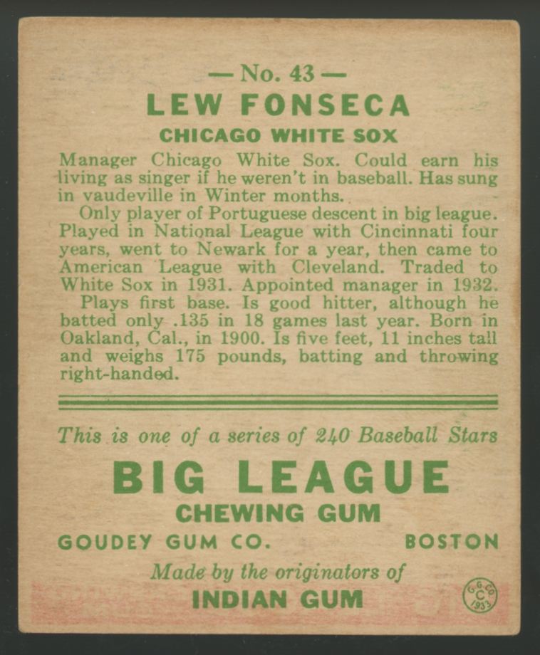 1933 Goudey Lew Fonesca #43 VG