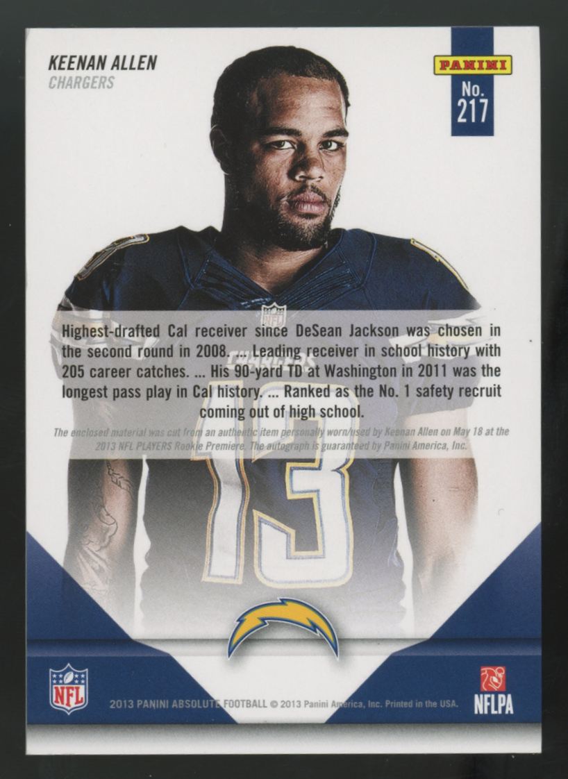 2013 Panini Absolute Keenan Allen RC Premiere Patch Auto RPA /299 #217