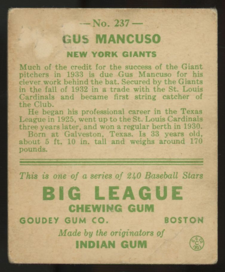 1933 Goudey Gus Mancuso #237 Good