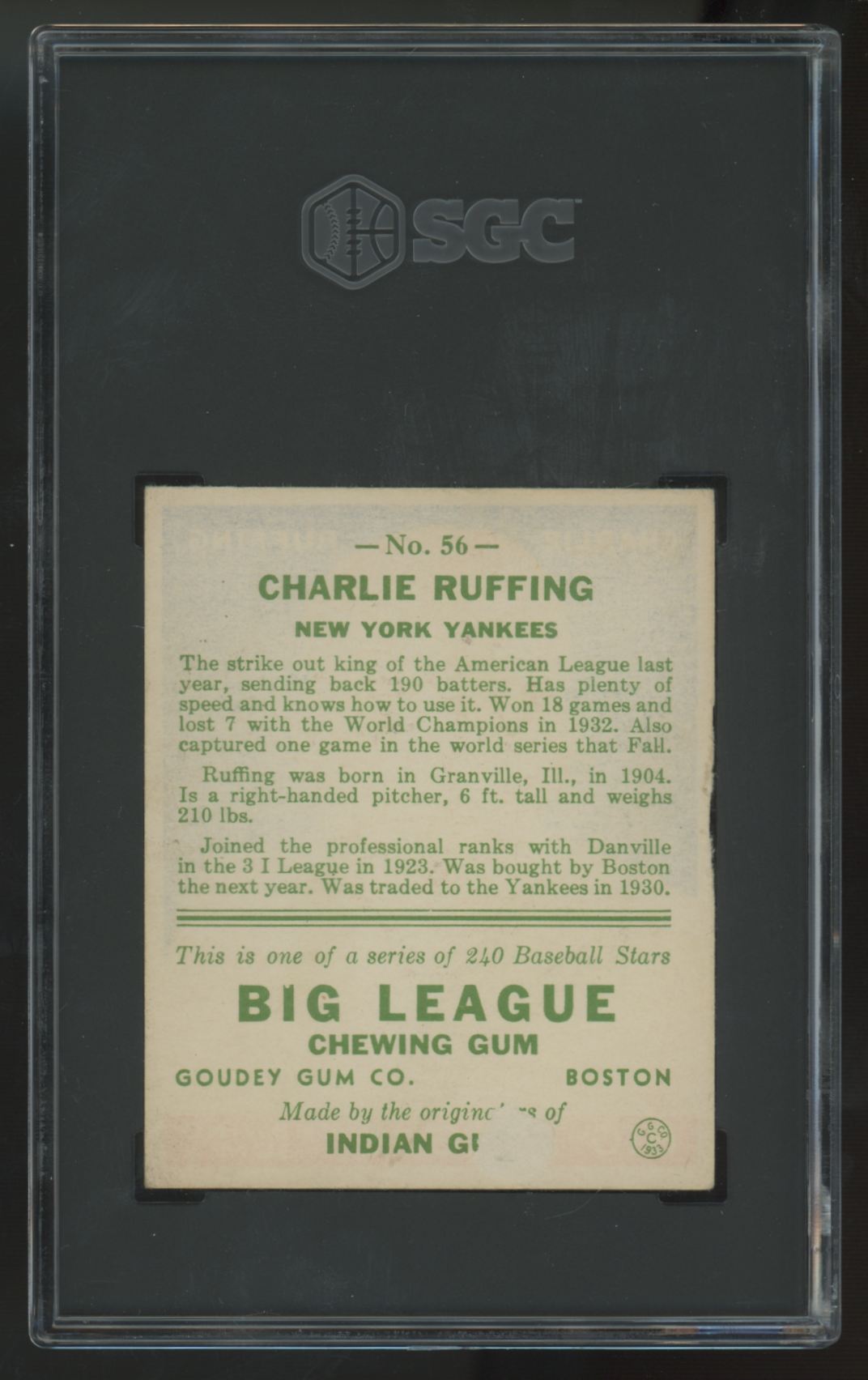 1933 Goudey Charlie Ruffing #56 SGC Authentic (Trimmed)