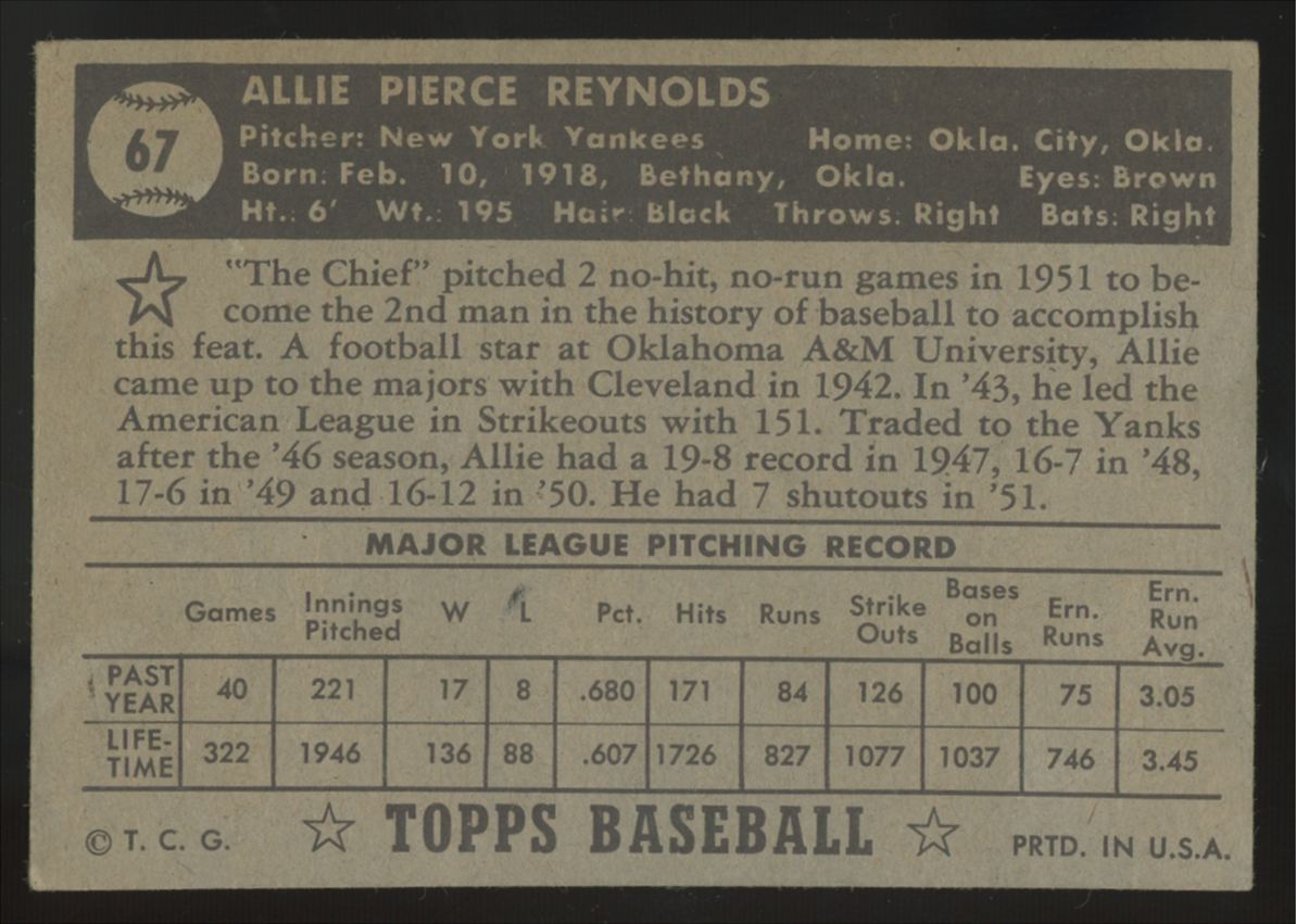 1952 Topps Allie Reynolds Black Back #67 VG/EX "A"