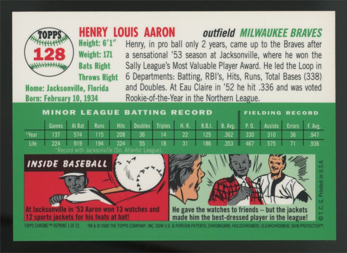 2000 Topps Hank Aaron Chrome Commemorative 1954 Reprint #1