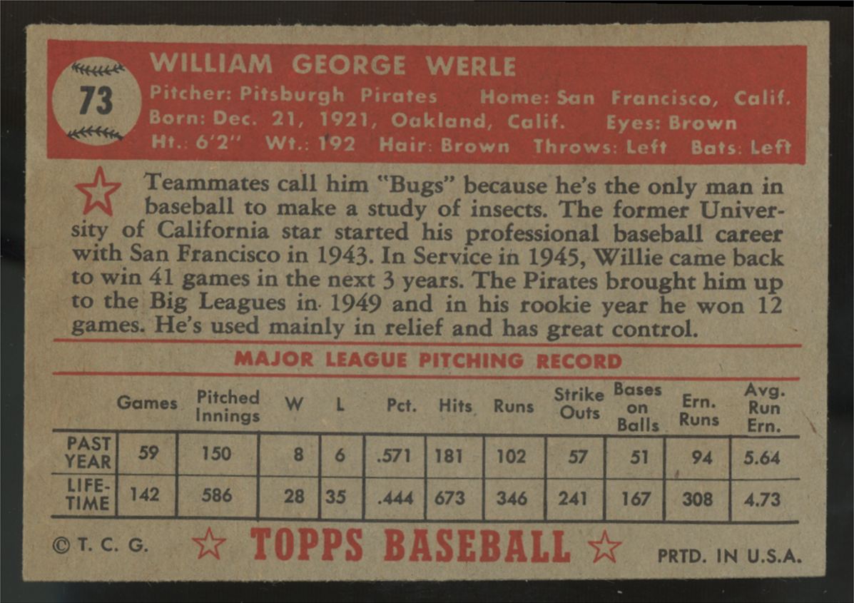1952 Topps William Werle #73 VG/EX