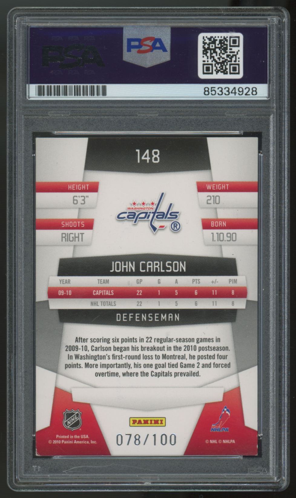 2010-11 Certified John Carlson Blue Mirror Signed Auto /100 #148 PSA Authentic