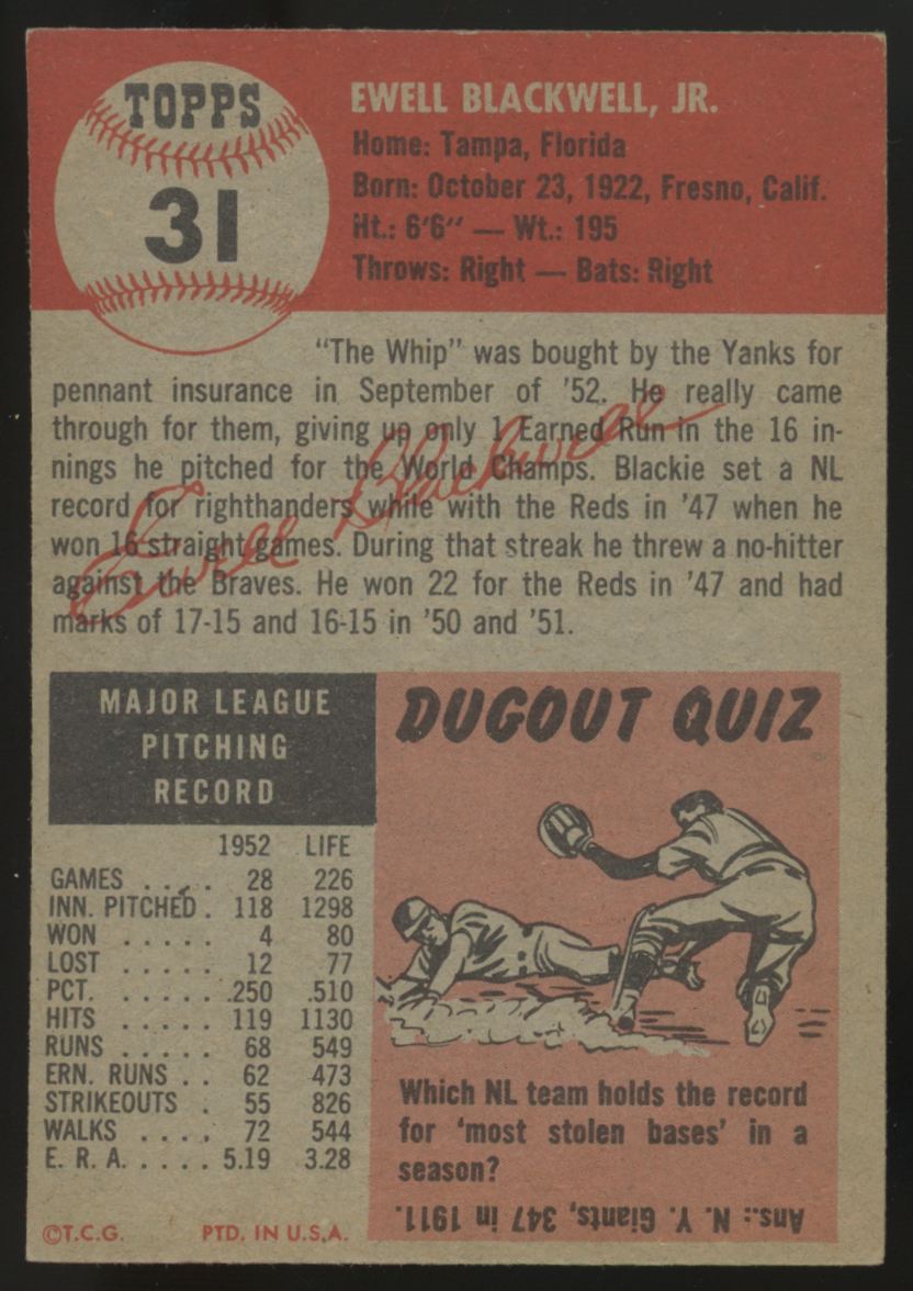 1953 Topps Ewell Blackwell #31 EX/MT "A"