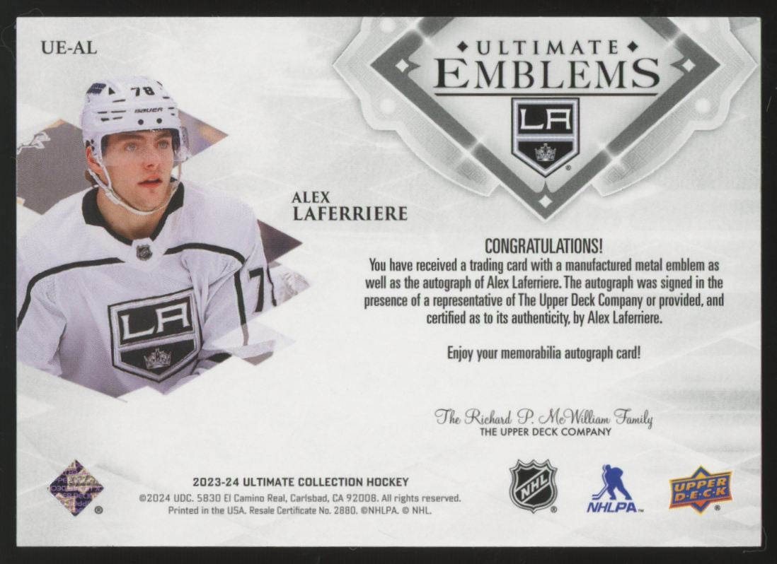 2023-24 UD Ultimate Collection Alex Laferriere Emblems Auto #UE-AL