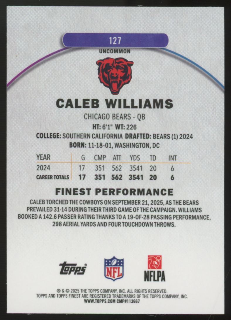 2025 Topps Finest Caleb Williams Uncommon Purple Refractor /200 #127
