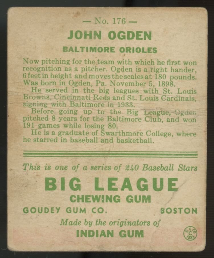 1933 Goudey John Ogden #176 Poor