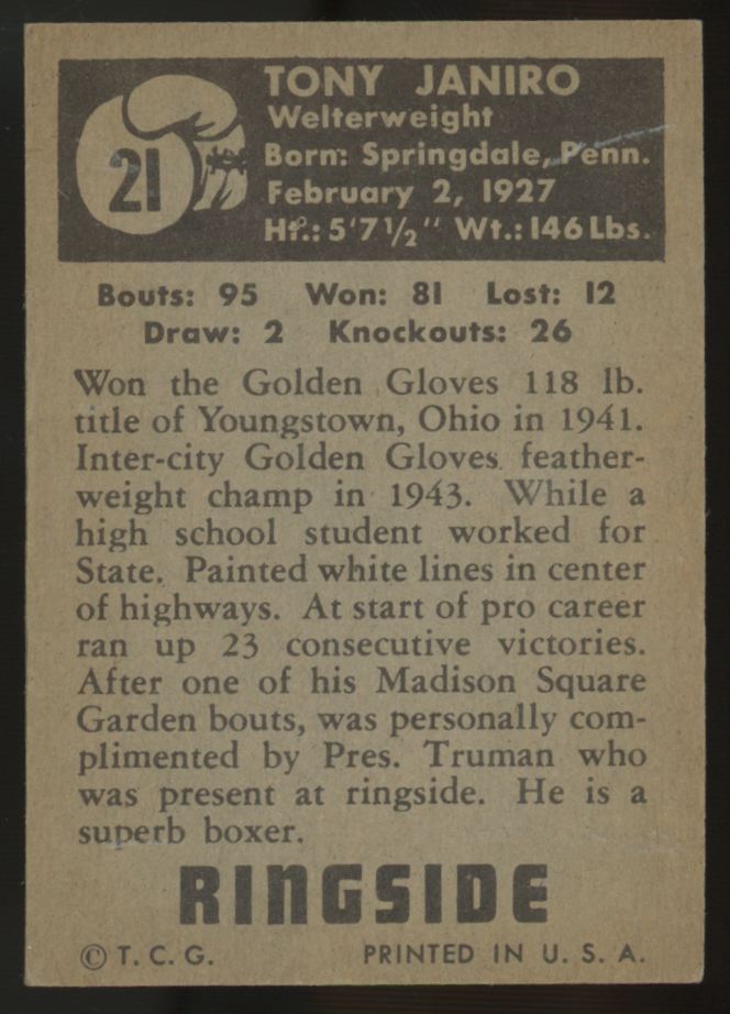 1951 Topps Ringside Tony Janiro #21 EX "A"