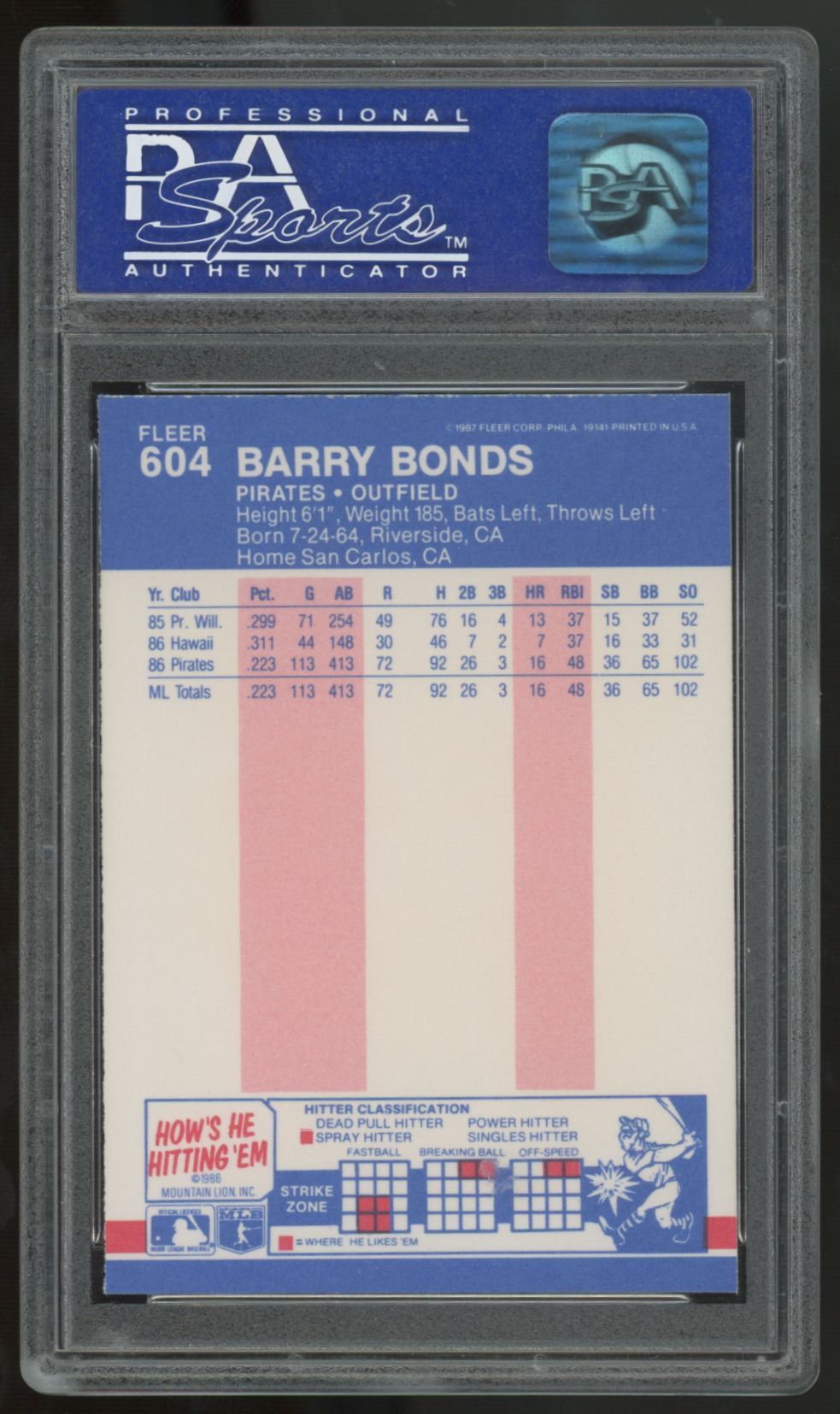 1987 Fleer Barry Bonds RC #604 PSA 9 *300