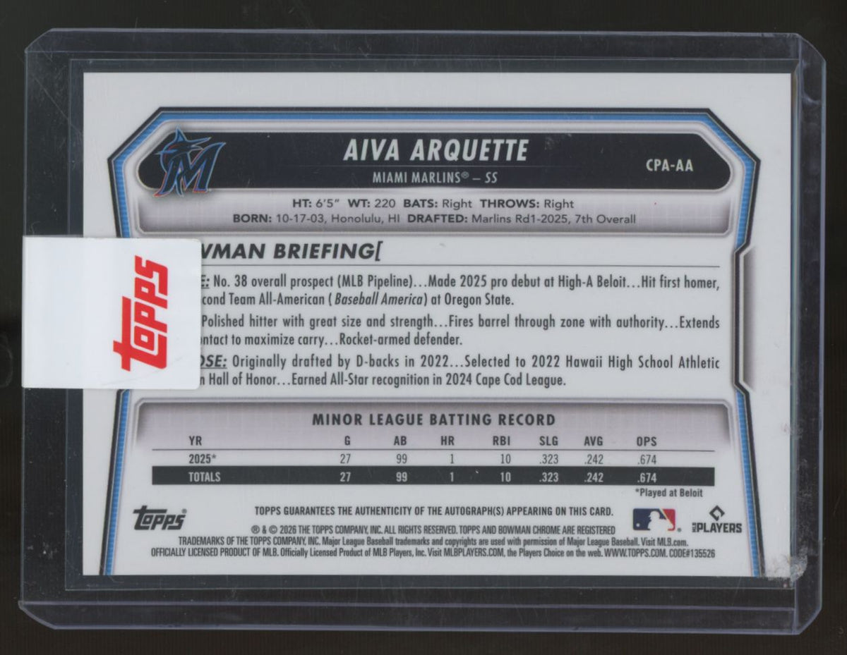 2026 Bowman Chrome Aiva Arquette 1st Aqua Refractor Auto /125 #CPA-AA