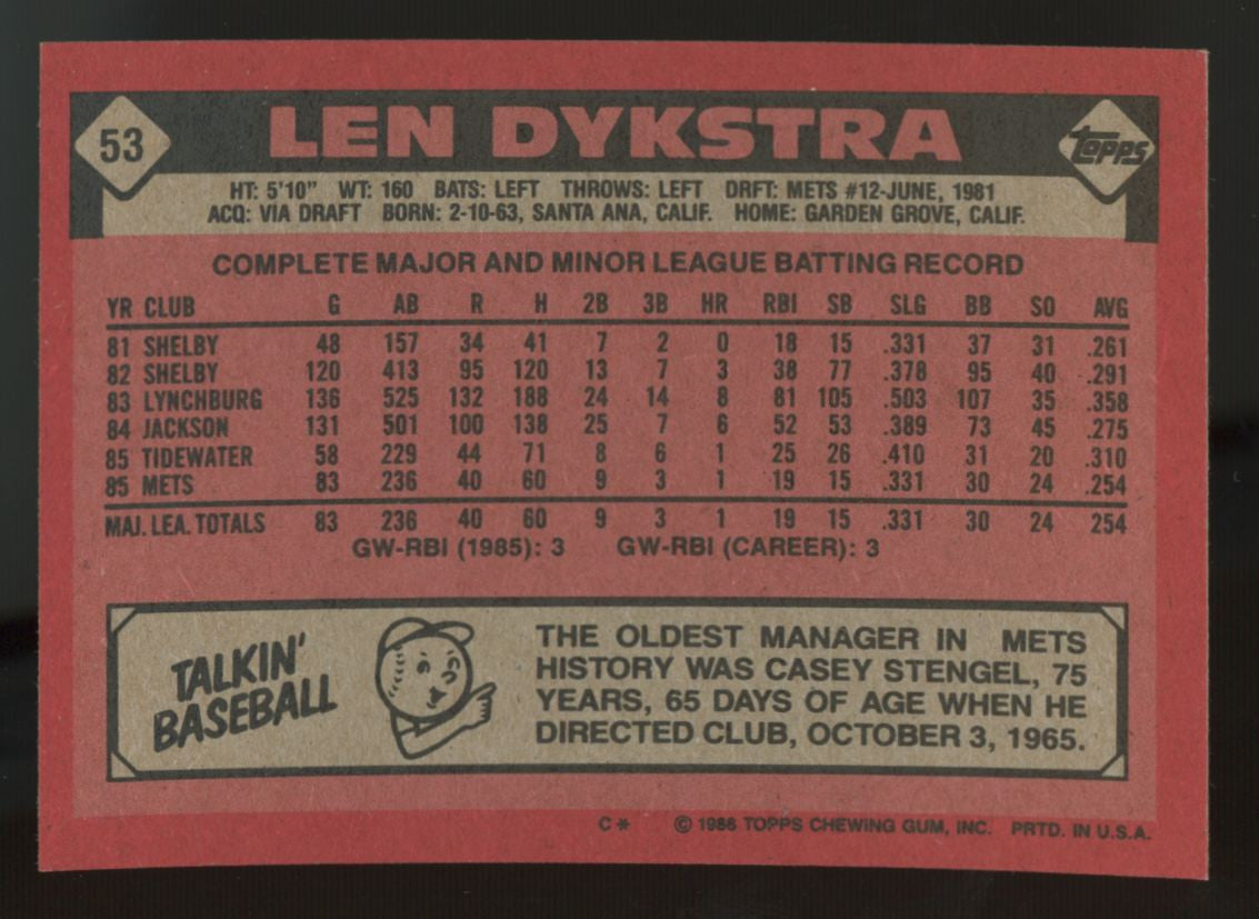 1986 Topps Baseball Complete Set (792) NM Dykstra Fielder RC