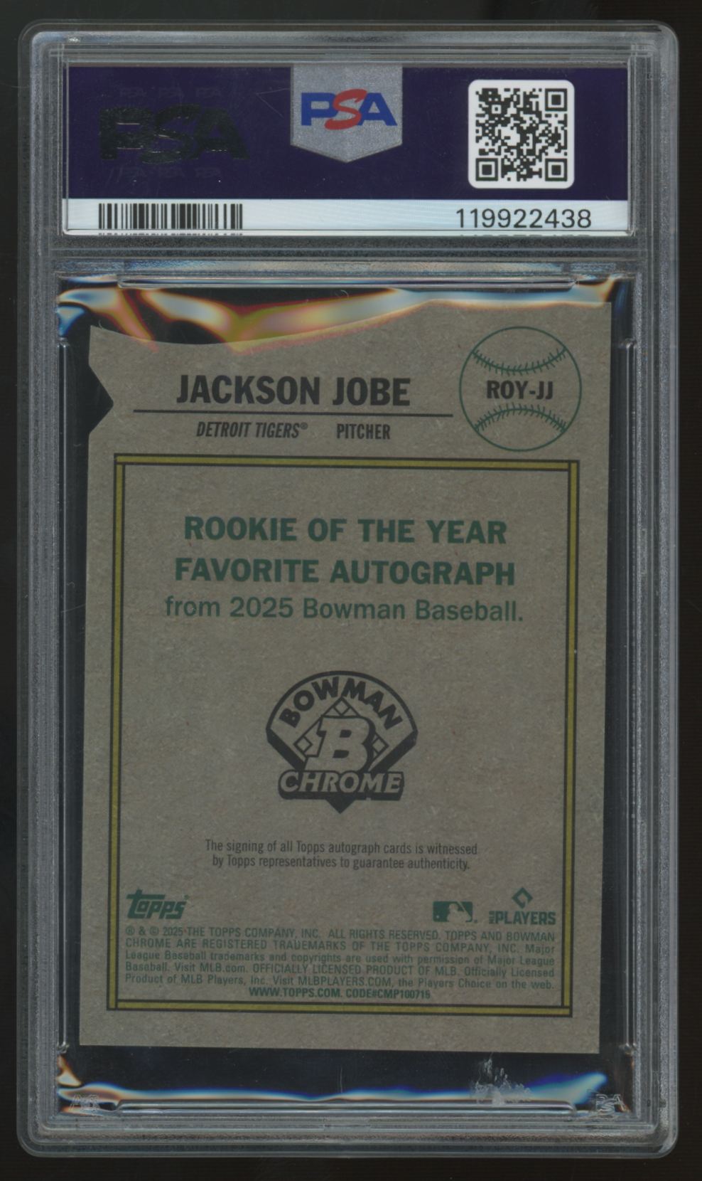 2025 Bowman Jackson Jobe RC Rookie Of The Year Fave Auto /150 #ROY-JJ PSA 9