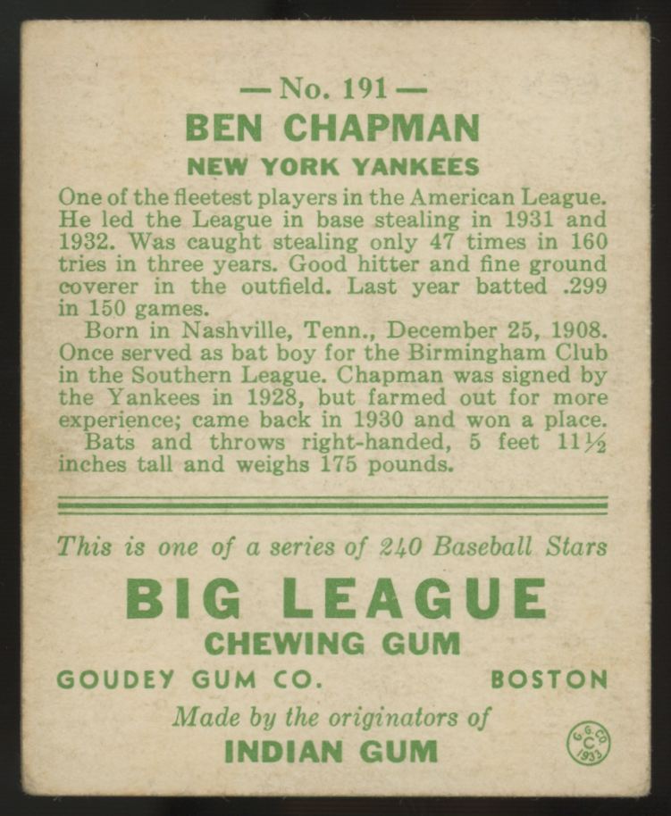 1933 Goudey Ben Chapman #191 VG