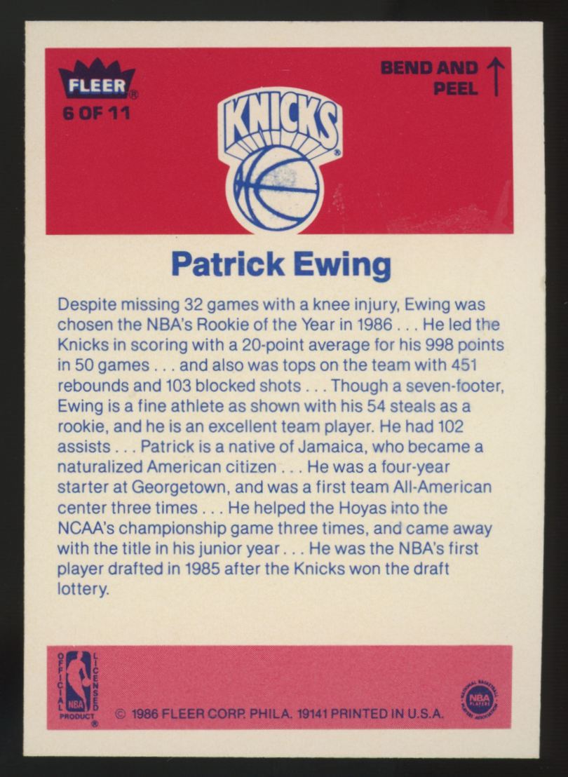 1986-87 Fleer Sticker Patrick Ewing #6 NM-MT
