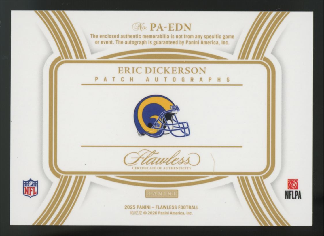 2025 Panini Flawless Eric Dickerson Sapphire Patch Auto /10 #PA-EDN
