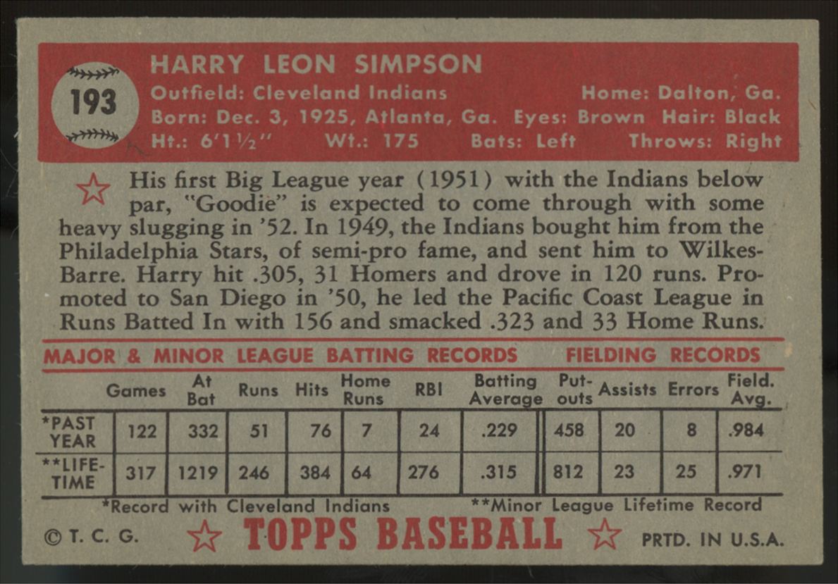 1952 Topps Harry Simpson #193 EX