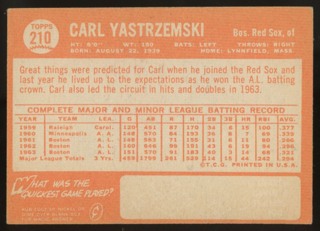 1964 Topps Carl Yastrzemski #210 VG/EX