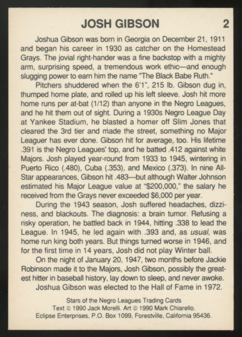 1990 Eclipse Josh Gibson Stars of the Negro Leagues #2