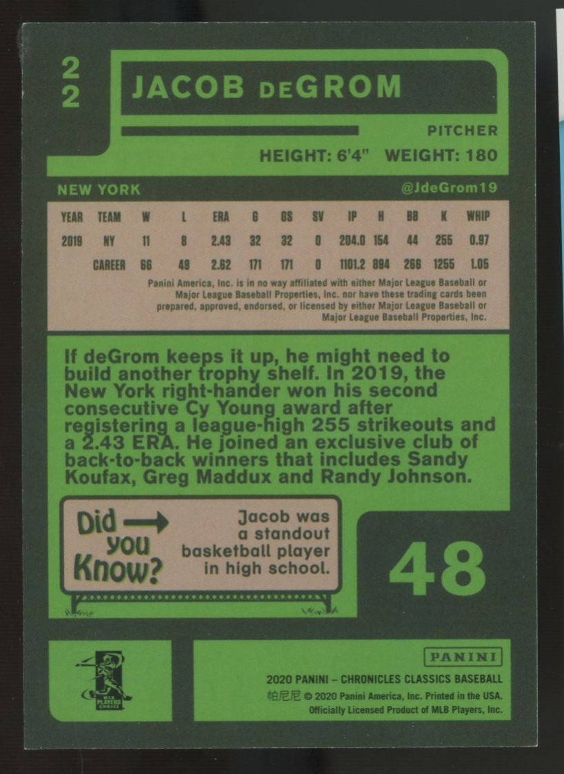 2020 Panini Chronicles Classics Jacob DeGrom Green /5 #22