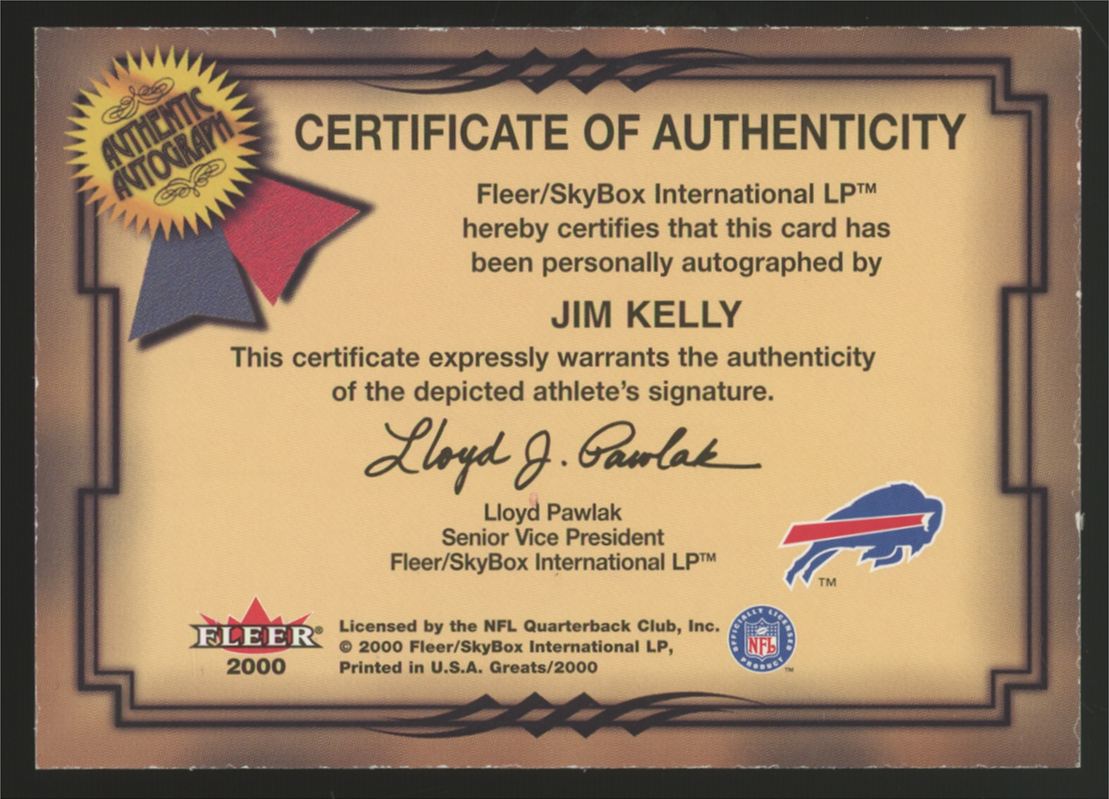 2000 Fleer Greats Of The Game Jim Kelly Auto