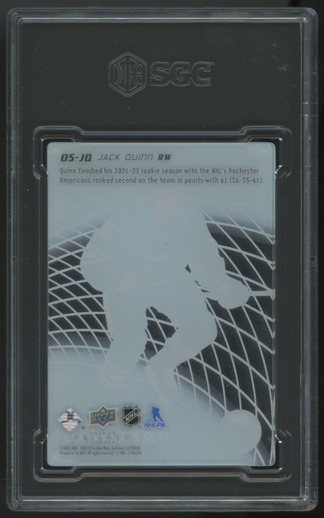 2022-23 UD Trilogy Jack Quinn RC '05-'06 Premier Tribute /99 #05-JQ SGC 8