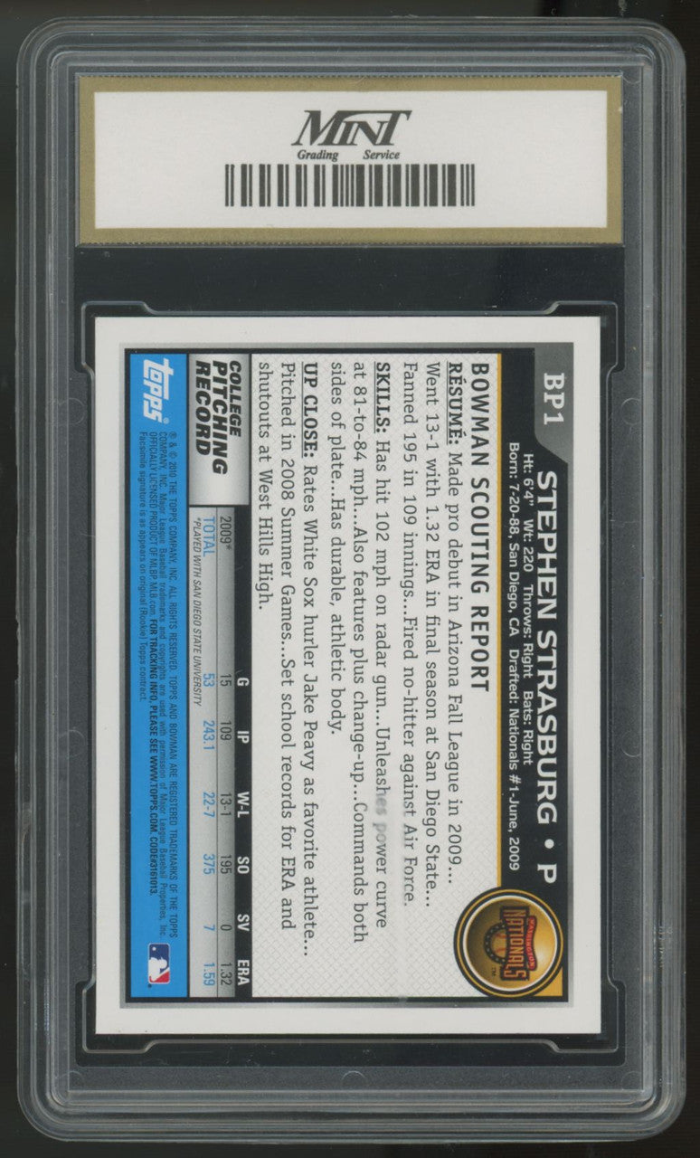 2010 Bowman Stephen Strasburg RC 1st #BP1 MGS 10