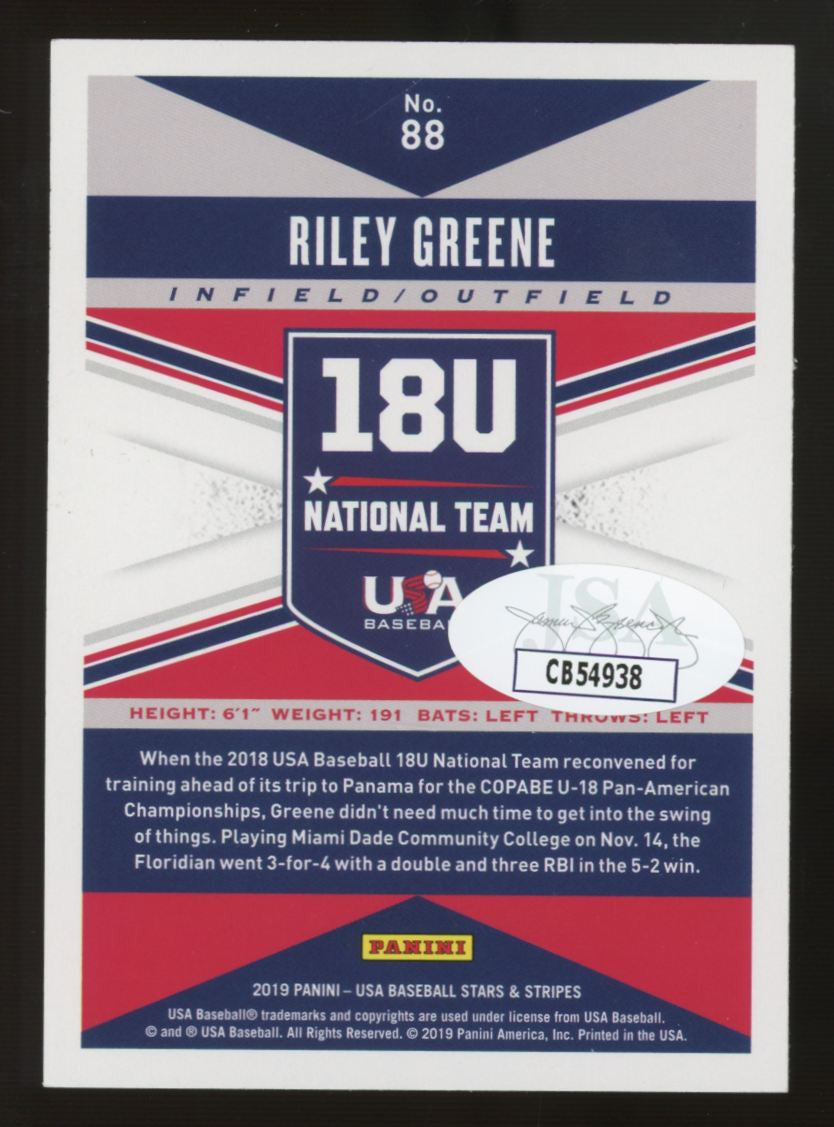 2019 USA Stars & Stripes Riley Greene Longevity #88 Signed Auto JSA