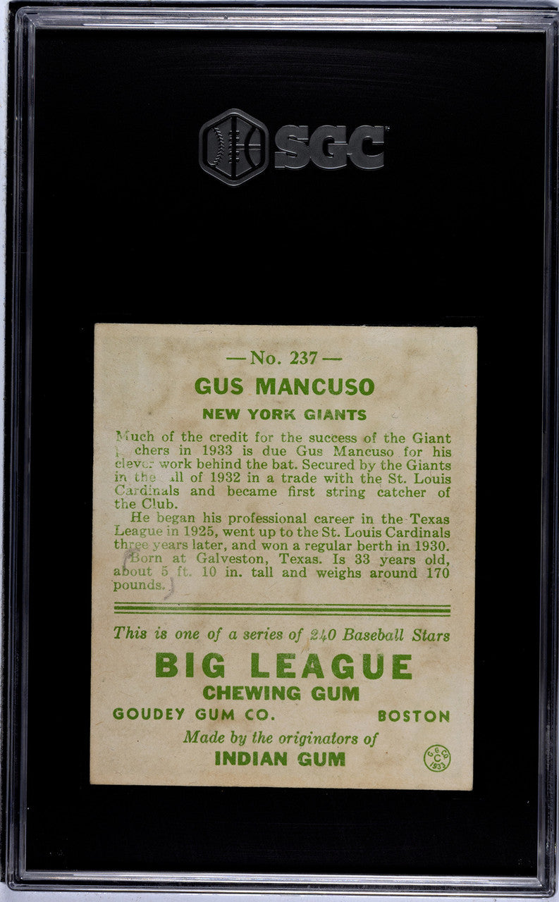 1933 Goudey Gus Mancuso RC #237 SGC 2