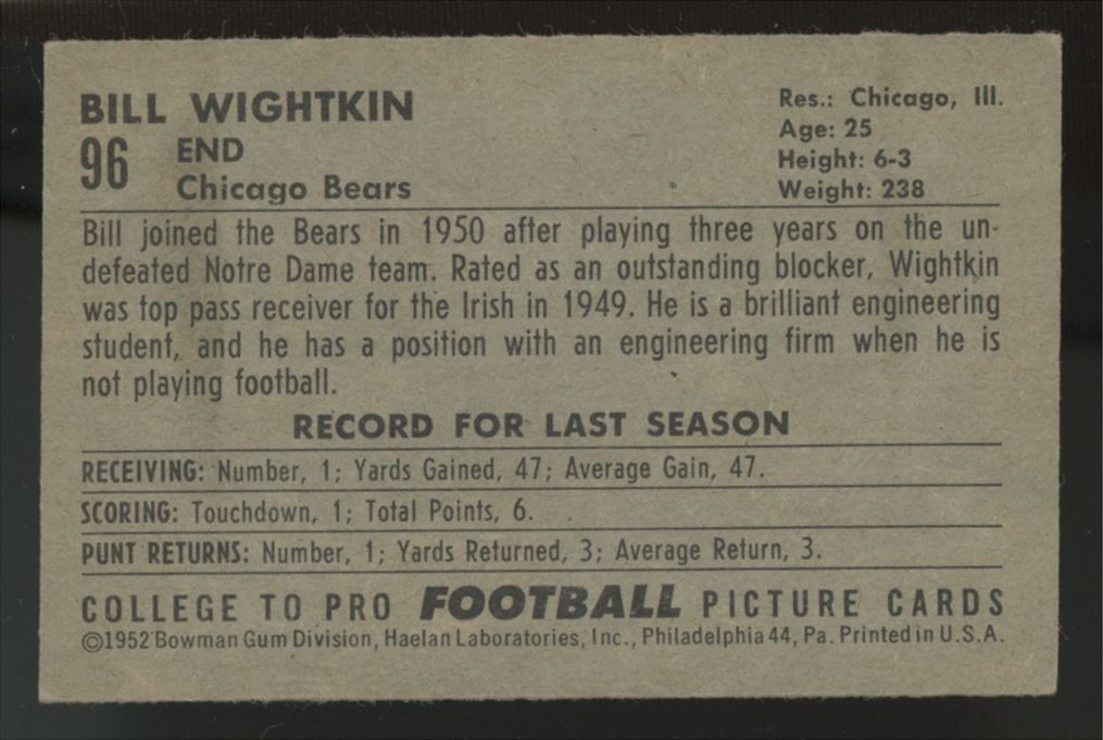1952 Bowman Small Bill Wightkin #96 EX