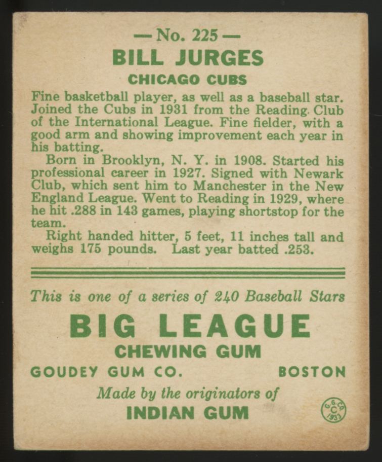 1933 Goudey Bill Jurges #225 VG-EX