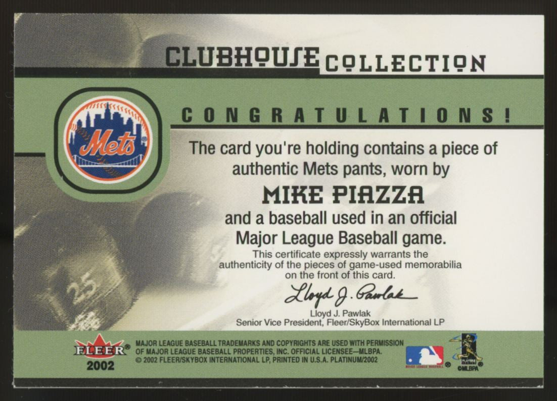2002 Fleer Platinum Mike Piazza Clubhouse Collection Dual Relic Pants & Baseball