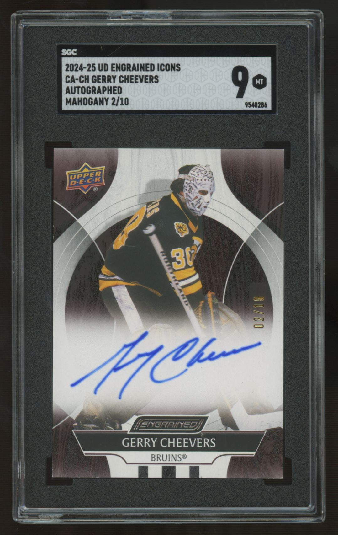 2024-25 Upper Deck Engrained Icons Gerry Cheevers Mahogany Auto /10 #CA-CH SGC 9