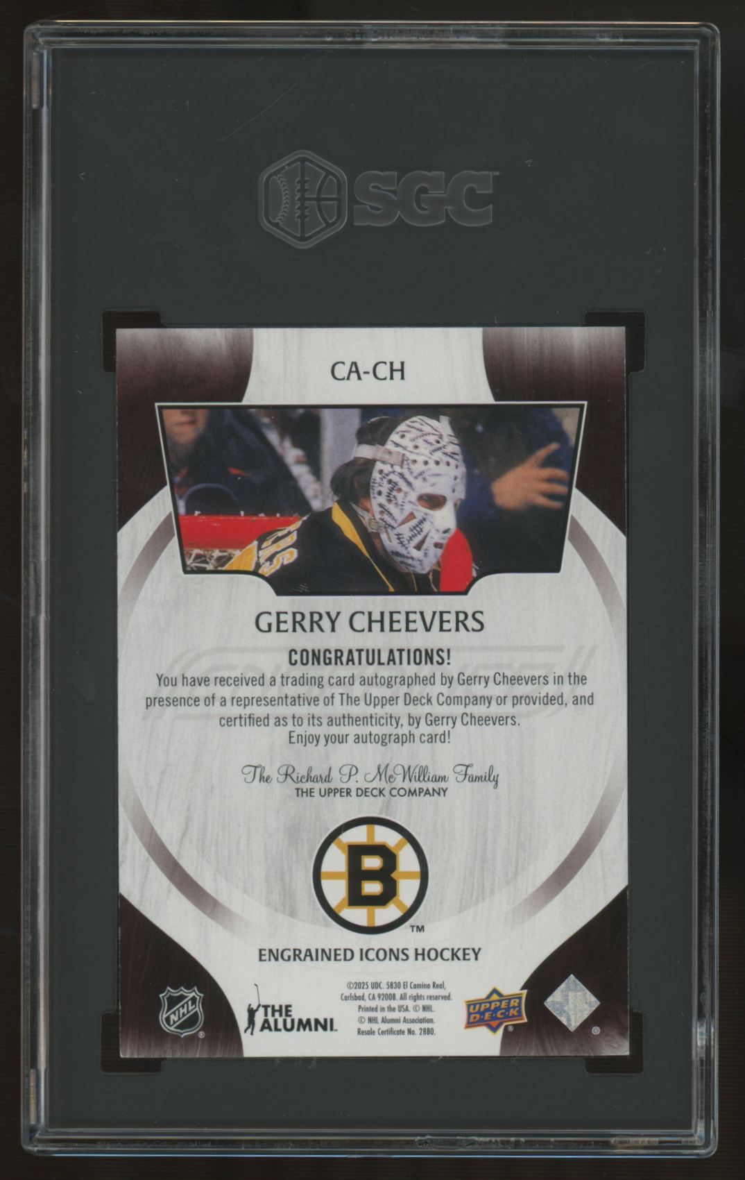 2024-25 Upper Deck Engrained Icons Gerry Cheevers Mahogany Auto /10 #CA-CH SGC 9