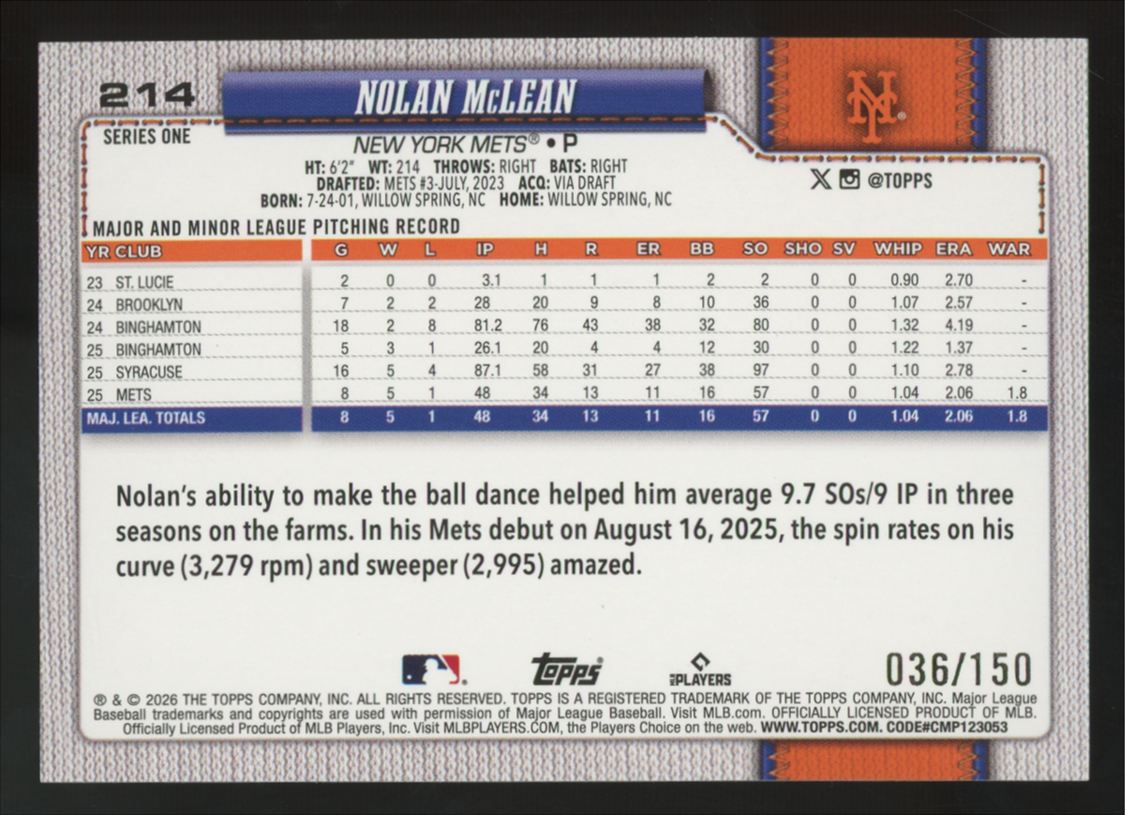 2026 Topps Series One Nolan McLean RC Blue Holo Foil /150 #214