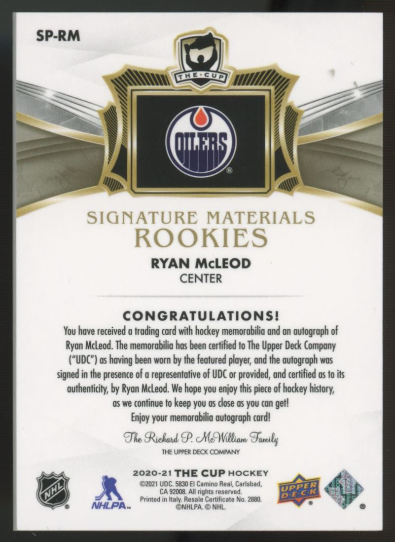 2020-21 The Cup Ryan McLeod RC Patch Auto RPA /99 #SP-RM