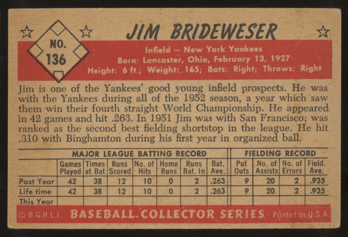 1953 Bowman Jim Brideweser #136 EX
