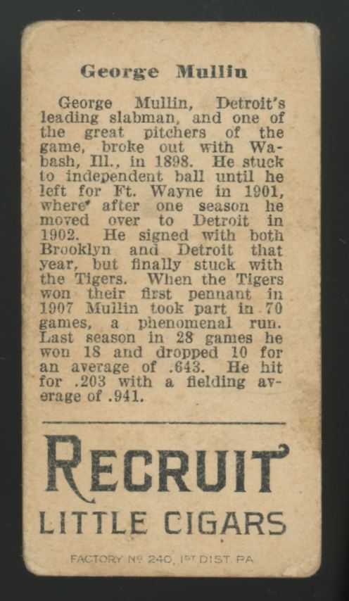 1912 T207 Recruit Little Cigars George Mullin Poor
