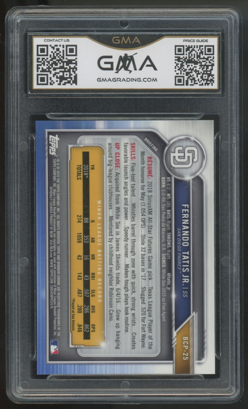 2019 Bowman Chrome Fernando Tatis Jr. RC Sparkle Refractor /299 #BCP-25 GMA 10