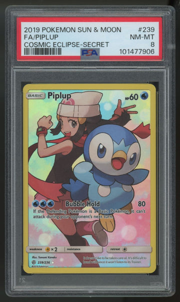 2019 Pokemon Piplup Cosmic Eclipse Full Art Secret #239 PSA 8