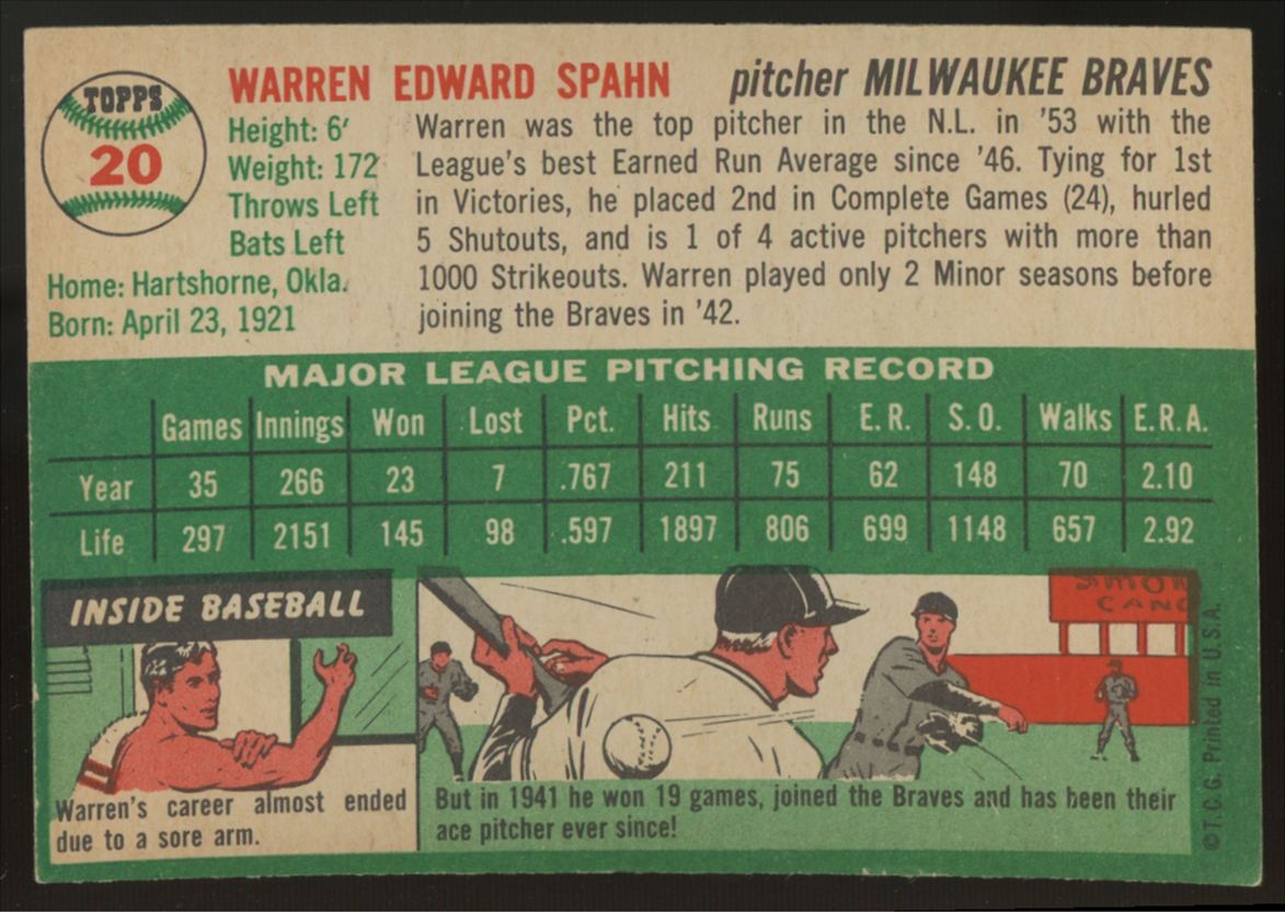 1954 Topps Warren Spahn #20 EX+