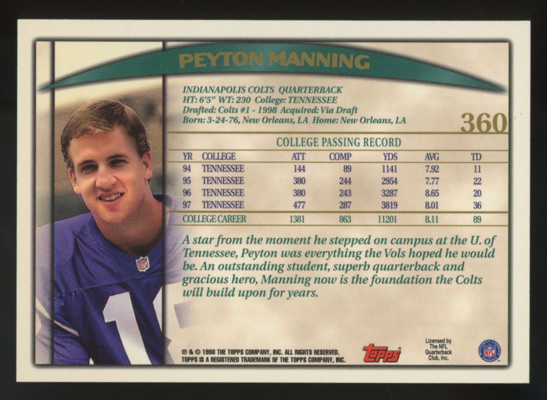 1998 Topps Peyton Manning RC #360 NM-MT "A"