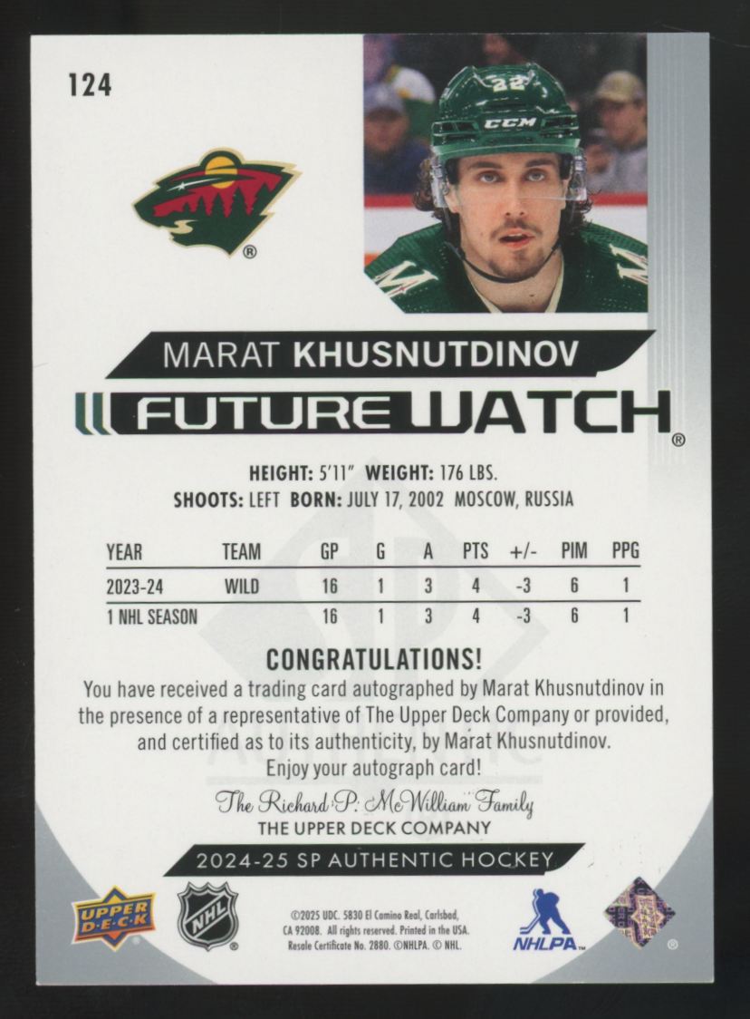 2024-25 UD SP Authentic Marat Khusnutdinov RC Future Watch Auto /999 #124