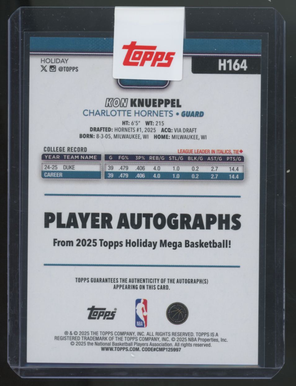 2025-26 Topps Holiday Kon Knueppel RC Green Glitter Auto /5 #BCA-KO