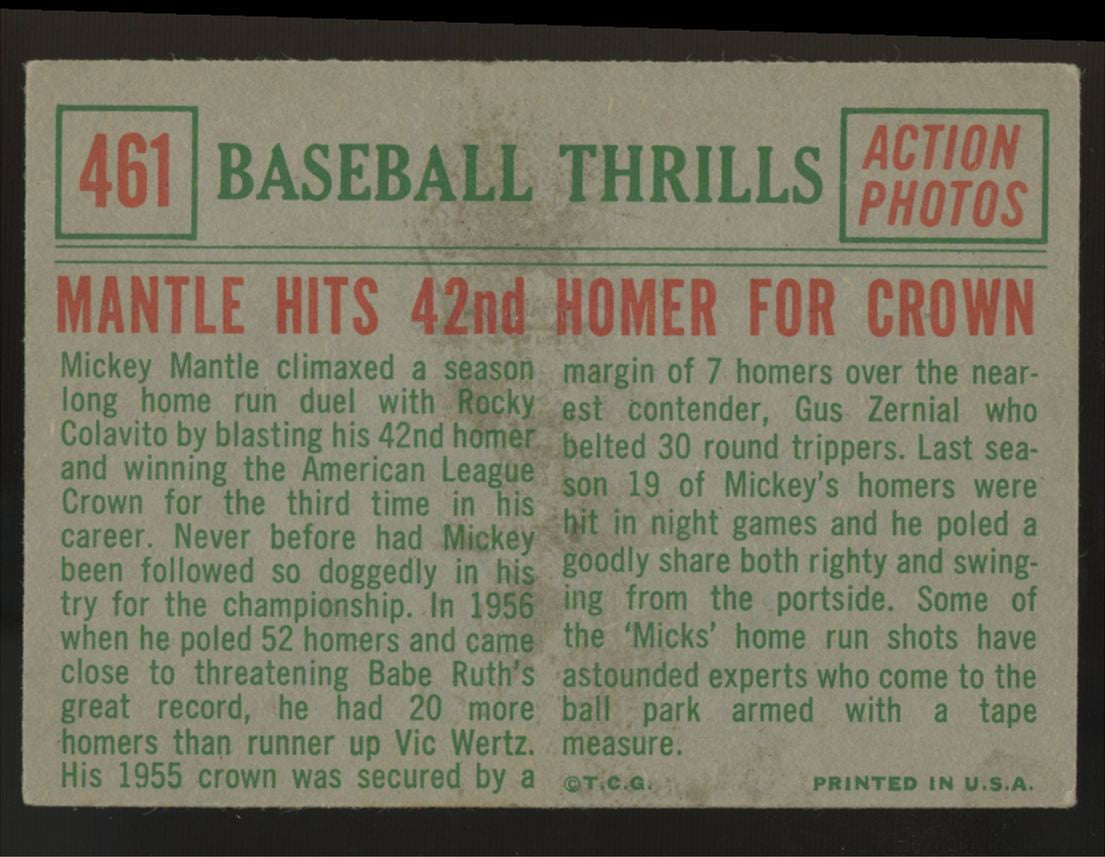 1959 Topps Baseball Thrills Mickey Mantle Hits 42nd Homer #461 EX