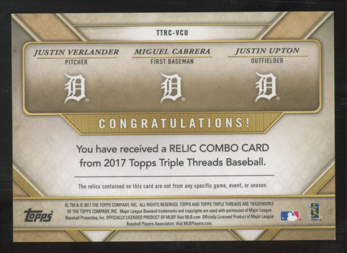 2017 Topps Triple Threads Verlander/Cabrera/Upton Silver Combo Triple Patch /27