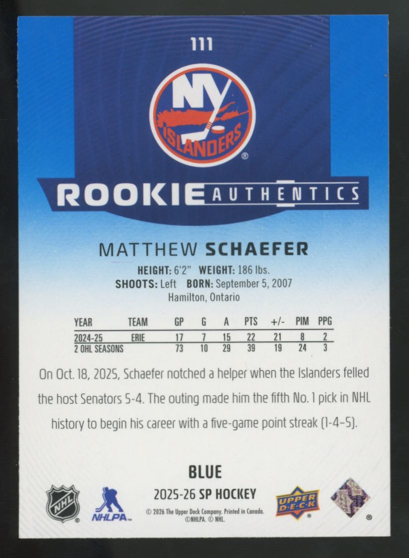 2025-26 Upper Deck SP Matthew Schaefer RC Blue Authentics #111