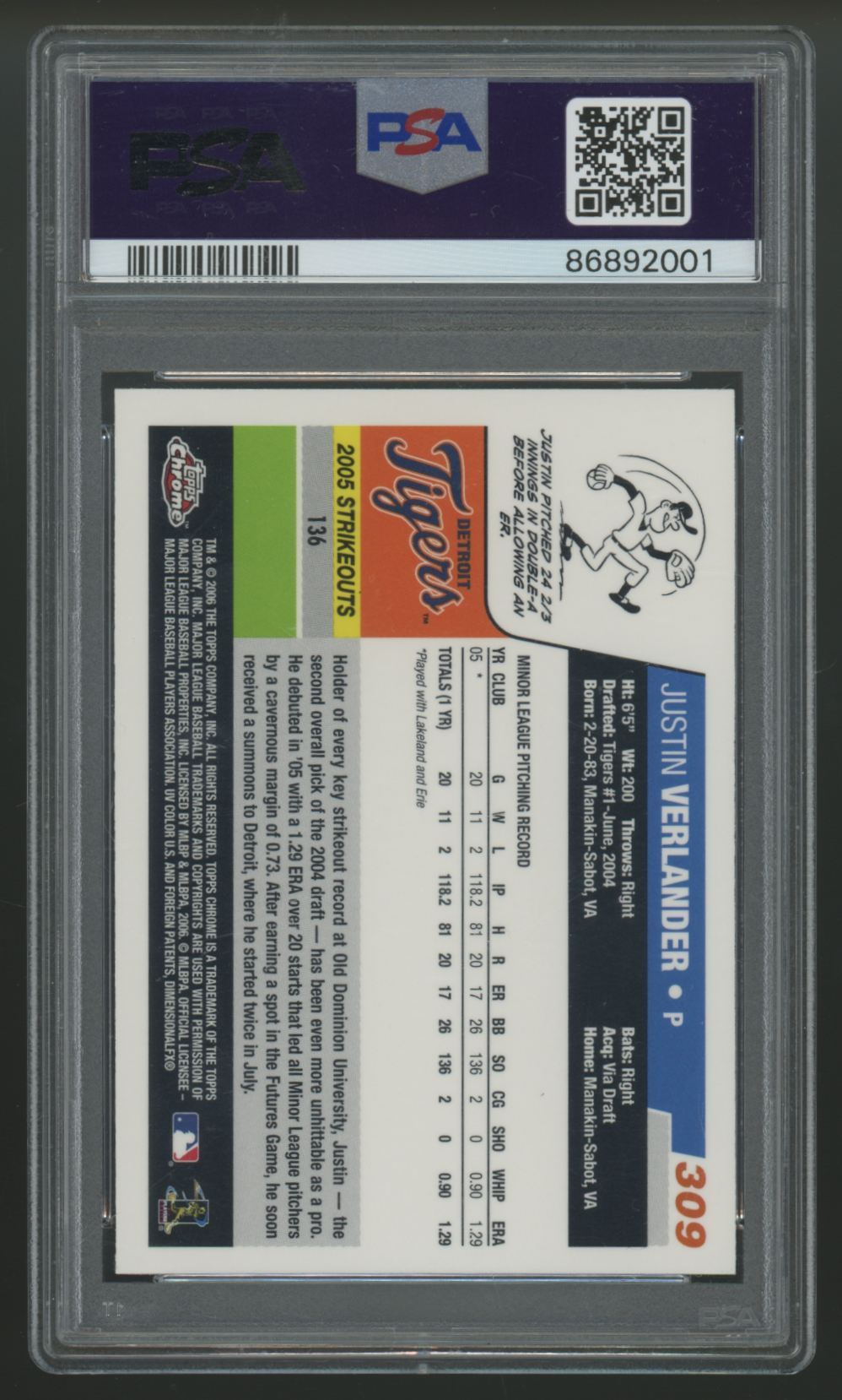 2006 Topps Chrome Justin Verlander RC #309 PSA 10