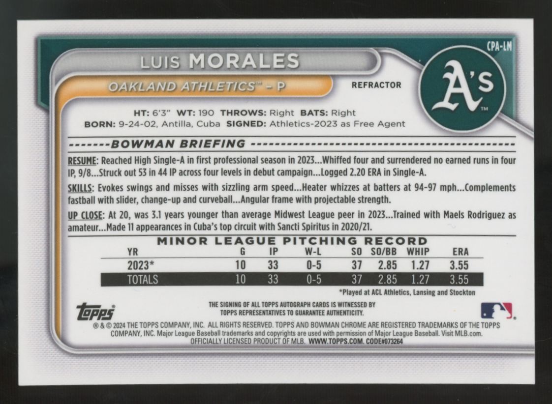 2024 Bowman Chrome Luis Morales 1st Prospect Auto Refractor /499 #CPA-LM